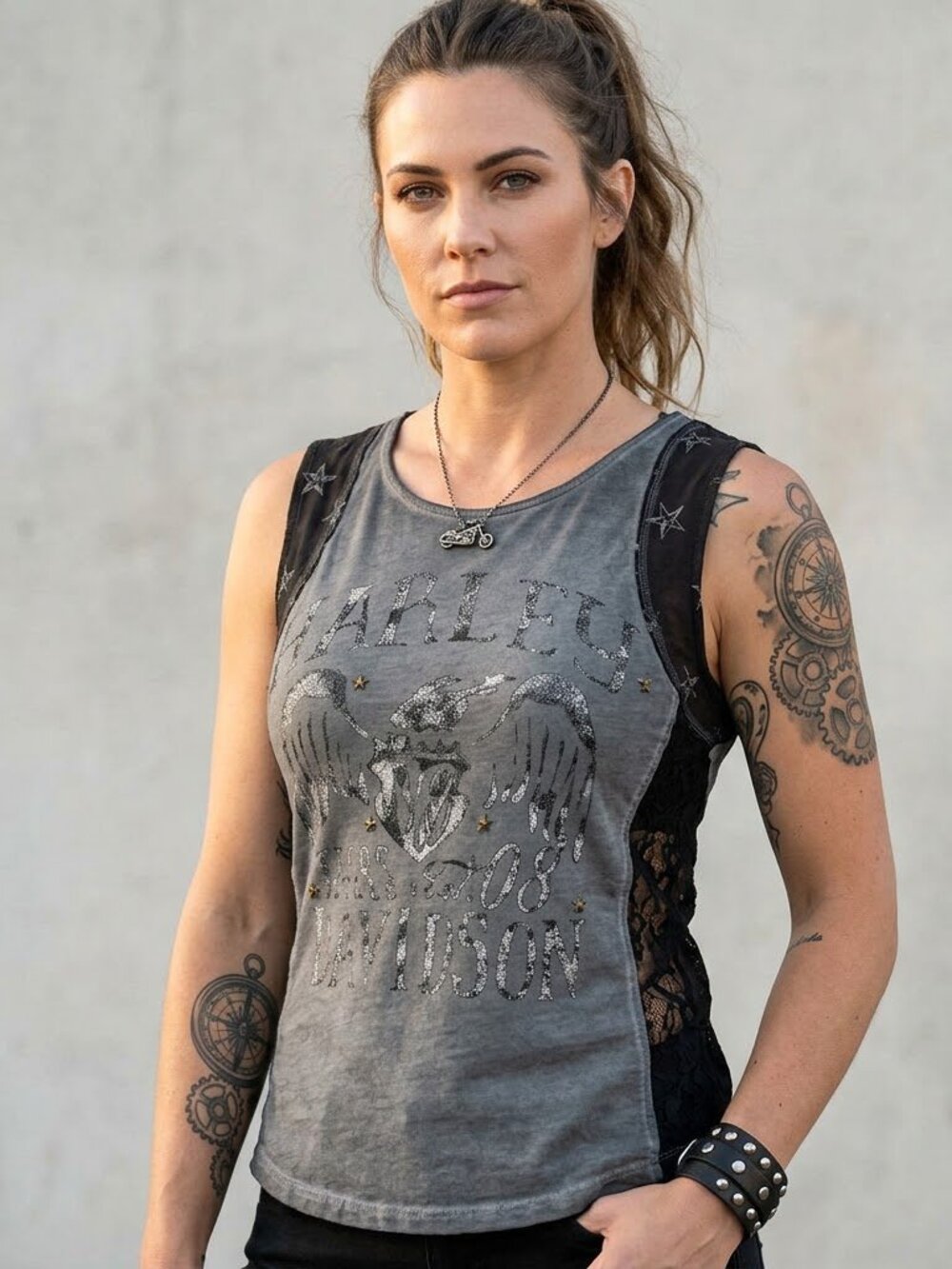 Harley-Davidson grey and black lace tank top size large